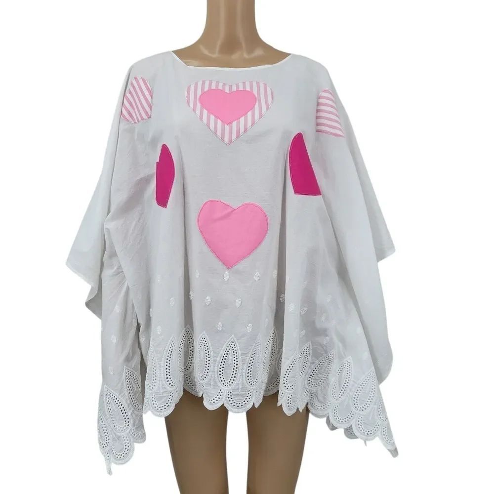 Handmade Upcycled White Cotton Poncho with Pink Heart Patches Embroidered Eyelet